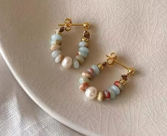 Natural Stone Beaded Pearl Earrings