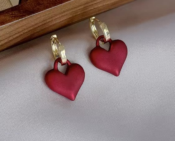 Wine Red Frosted Heart Earrings
