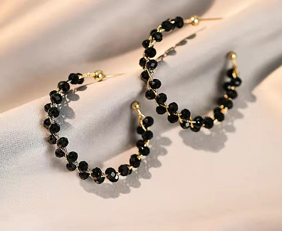 Black Crystal Woven Hoop Earrings