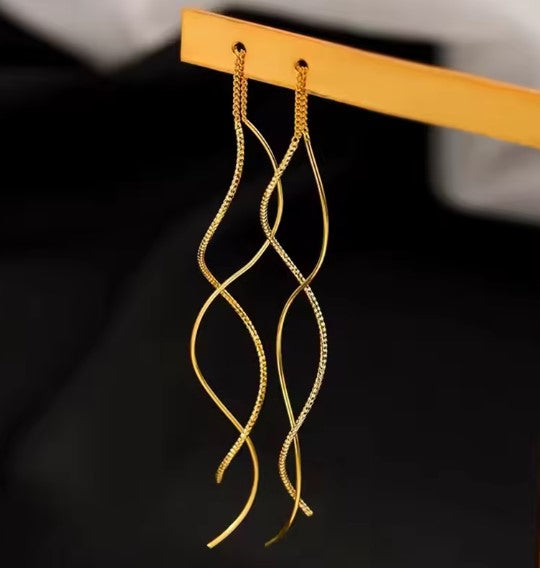 Vintage Long Wave Tassel Gold Earrings