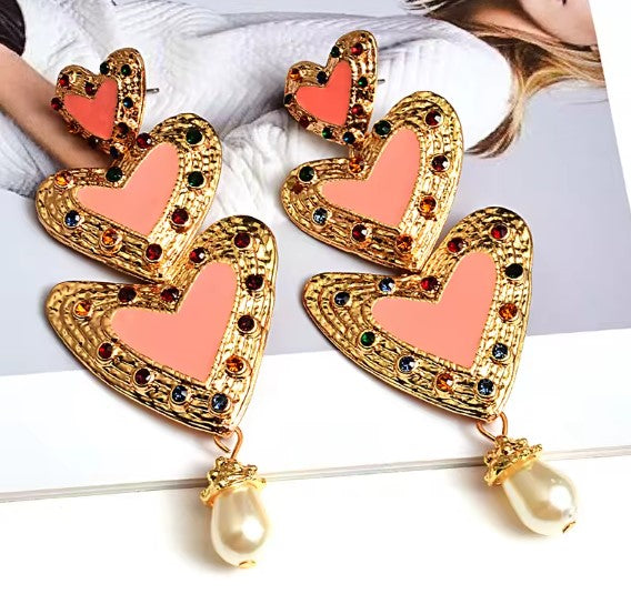 Pink Heart Beaded Pearl Drop Earrings