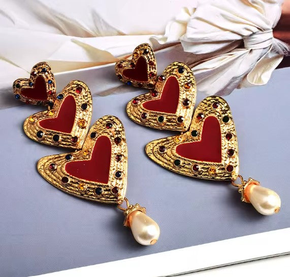 Red Heart Beaded Drop Pearl Earrings