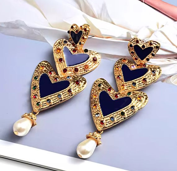 Heart Beaded Blue Drop Pearl Earrings