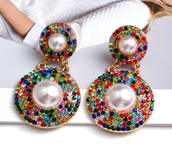 Elegant Colorful Rhinestone Round Drop Earrings