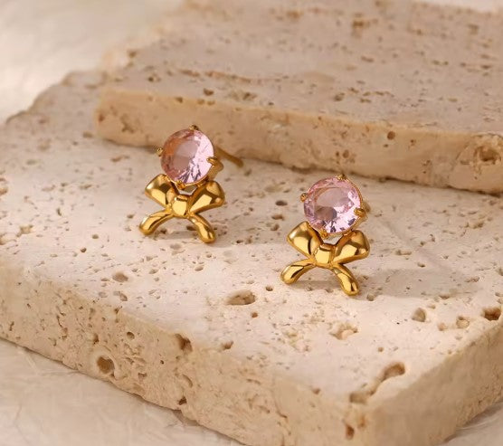 Classic Pink Stone Bow Stud Earrings