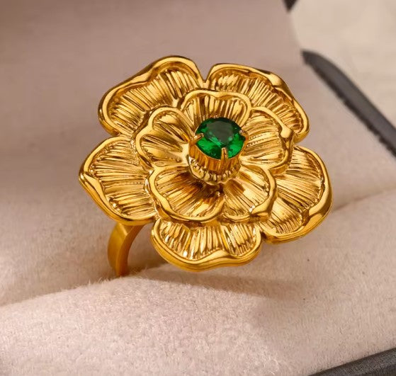 Vintage Green Zircon Adjustable Flower Ring