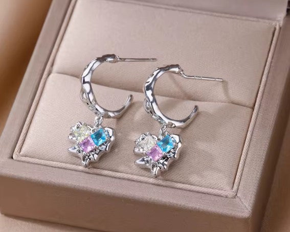 Colored Zircon Heart Lava Silver Earrings