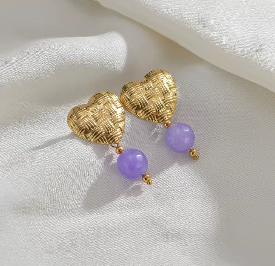 Classic Purple Beads Gold Heart Earrings