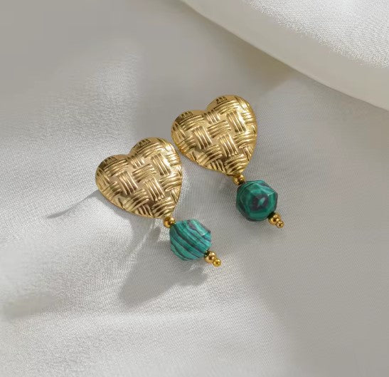 Classic Green Beads Gold Heart Earrings
