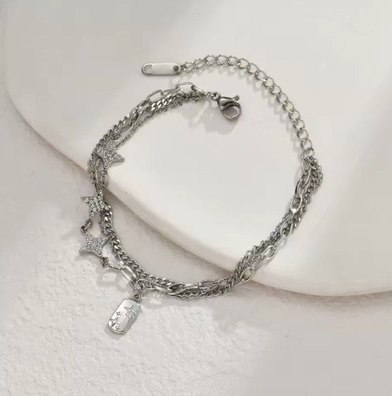 Vintage White Zircon Star Silver Bracelet