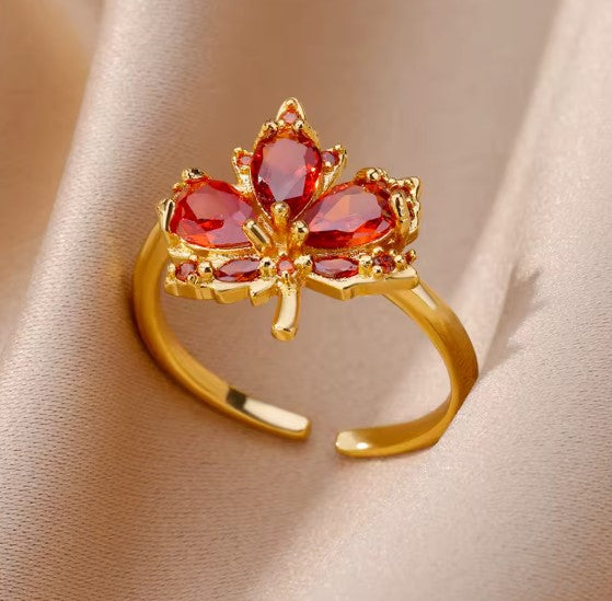 Classic Red Zircon Maple Leaf Open Ring