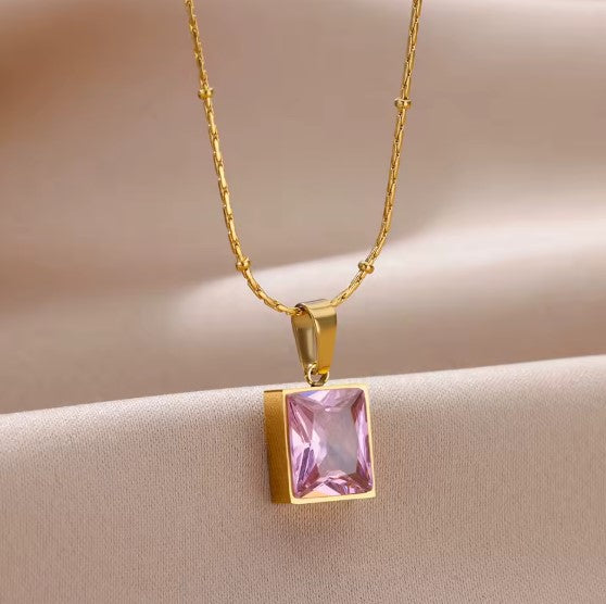 Vintage Pink Cubic Zirconic Square Necklace