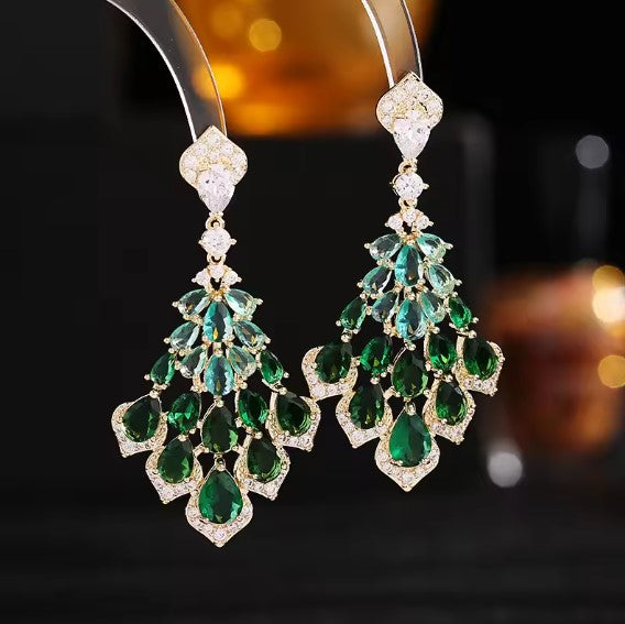 Shiny Green Zirconia Inlaid Waterdrop Earrings