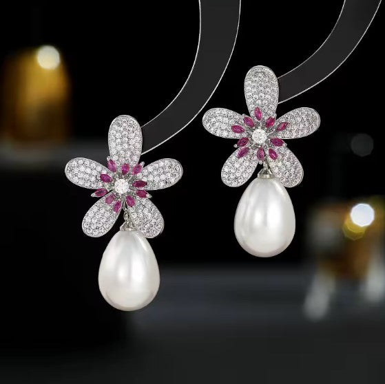 Flower Droplet Shaped Pearl Earrings