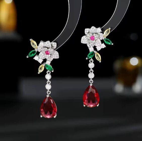 Camellia Flower Tassel Red Drop Earrings