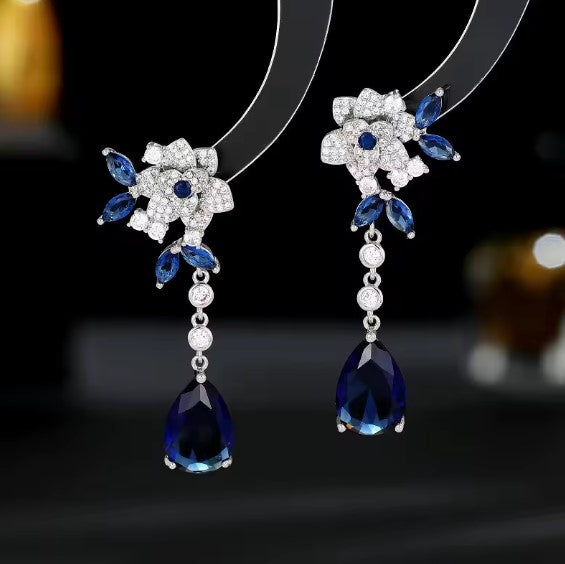 Camellia Flower Tassel Blue Drop Earrings