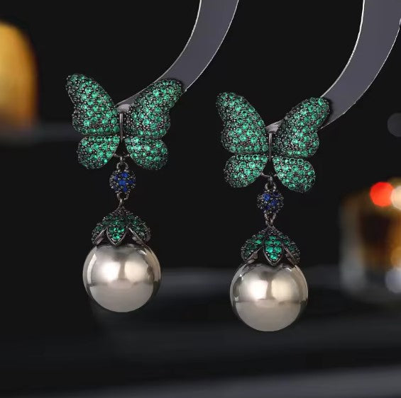 Luxury Green Butterfly Pearl Earrings