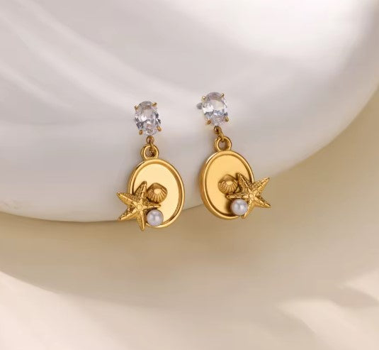 Vintage Zircon Starfish Shells Earrings