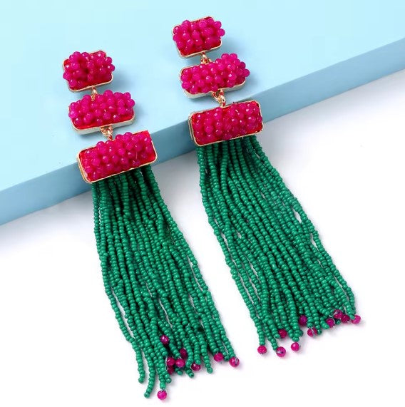 Vintage Green Bohemian Beaded Tassel Earrings