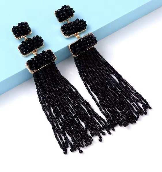 Vintage Black Bohemian Beaded Tassel Earrings
