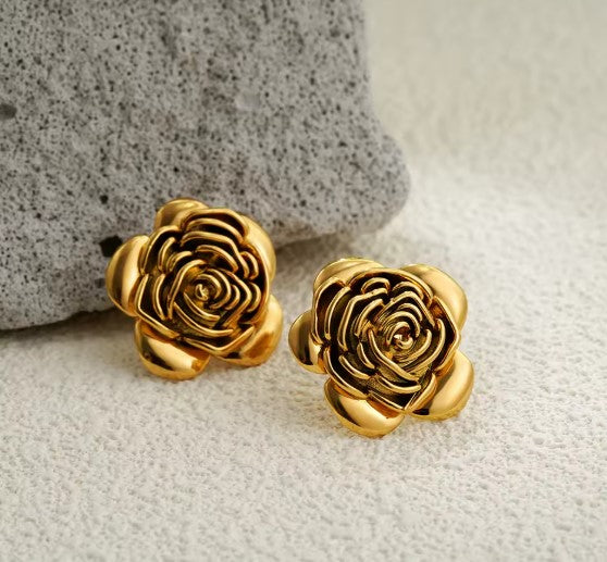 Vintage Rose Flower Stud Gold Earrings