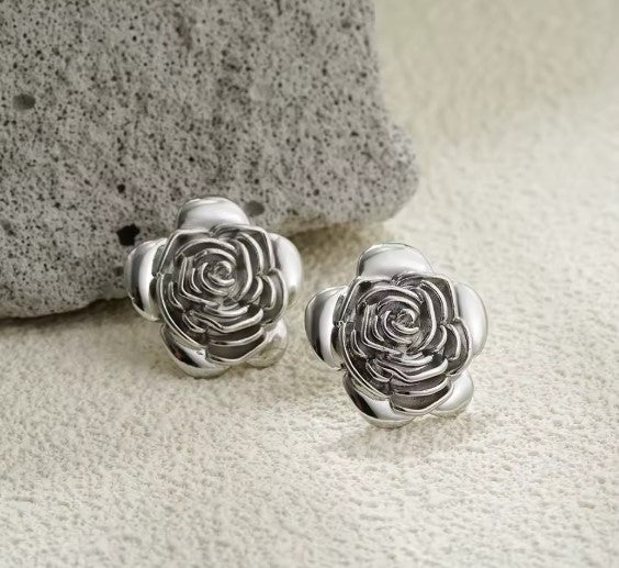 Vintage Rose Flower Stud Silver Earrings