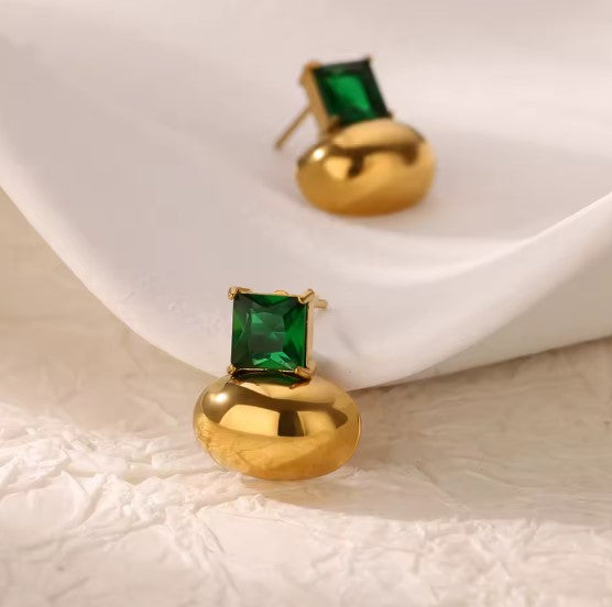 Vintage Green Zircon Bead Gold Earrings
