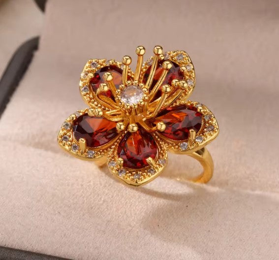 Vintage Red Zircon Floral Ring