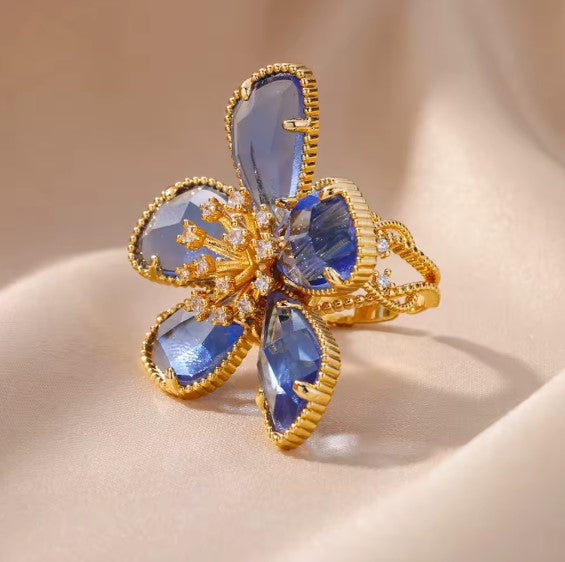 Blue Zircon Flower Adjustable Ring