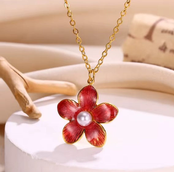 Exquisite Drip Oil Red Flower Pearl Necklace