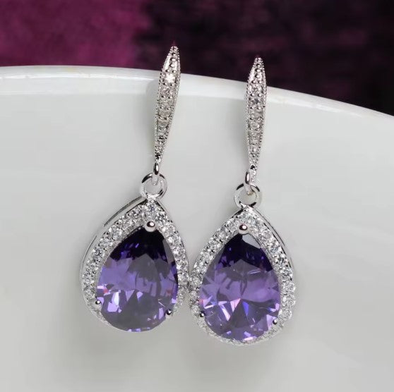 Purple Stone Crystal Dangle Earrings
