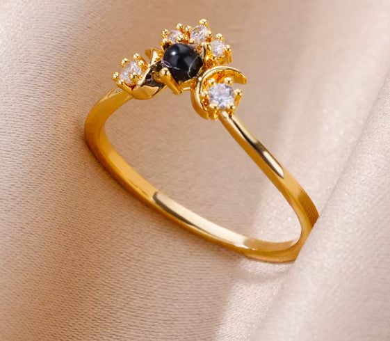 Classic Black Zircon Crystal Adjustable Ring