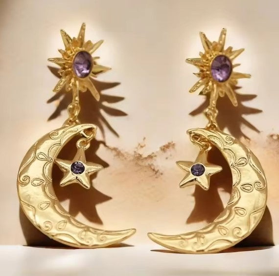 Mysterious Purple Crystal Dangle Gold Earrings