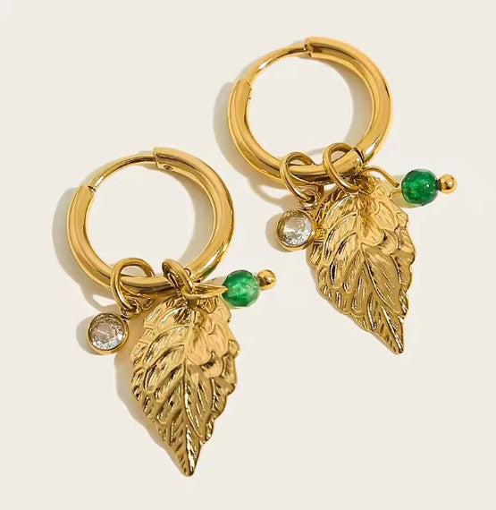 Classic Bead Leaf Charms Hoop Earrings