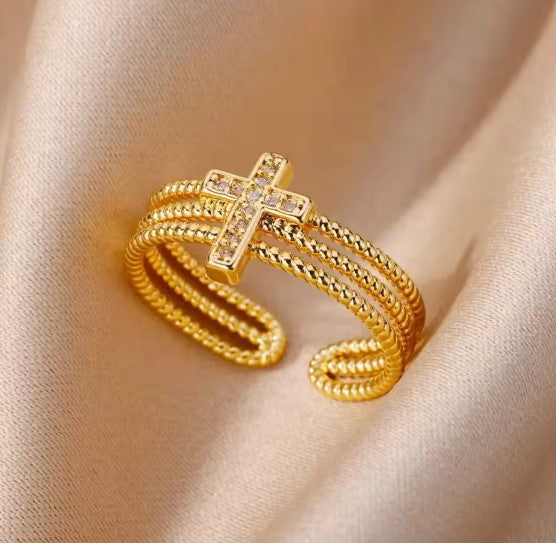 Luxury Zircon Cross Adjustable Gold Ring