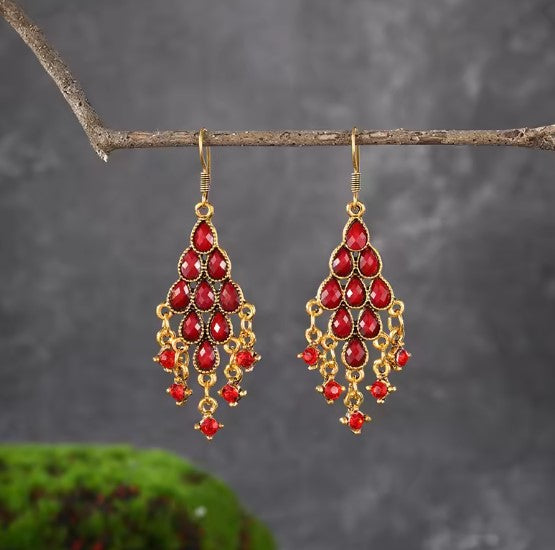 Bohemian Red Beaded Tassel Gold Earrings