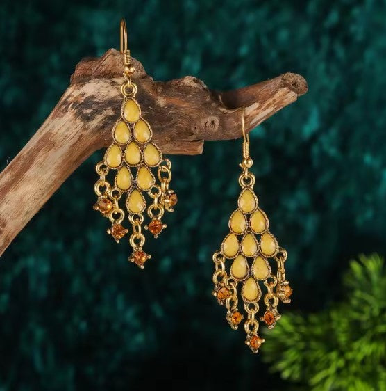 Bohemian Yellow Beaded Tassel Earrings