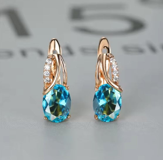 Aqua Blue Zircon Oval Stone Earrings