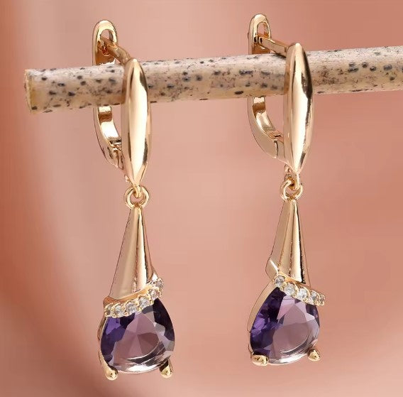 Elegant Purple Zircon Stone Gold Earrings