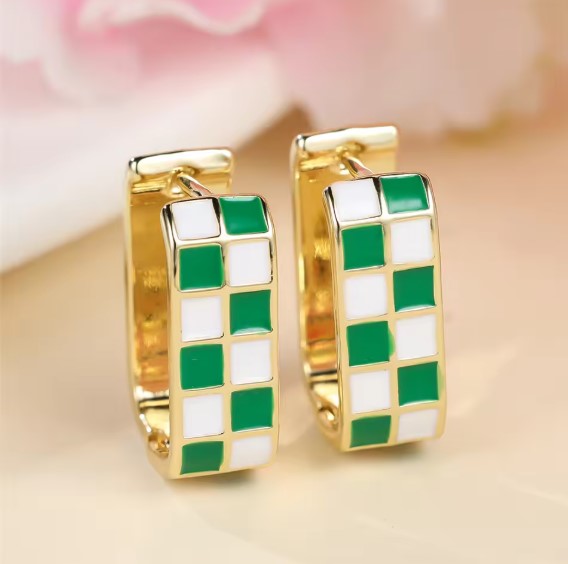Vintage Green and White Checkered Hoop Gold Earrings