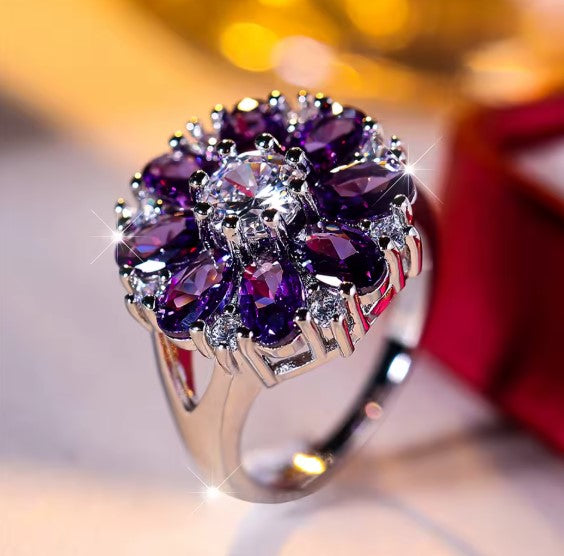 Crystal Purple Stone Sun Flower Engagement Ring