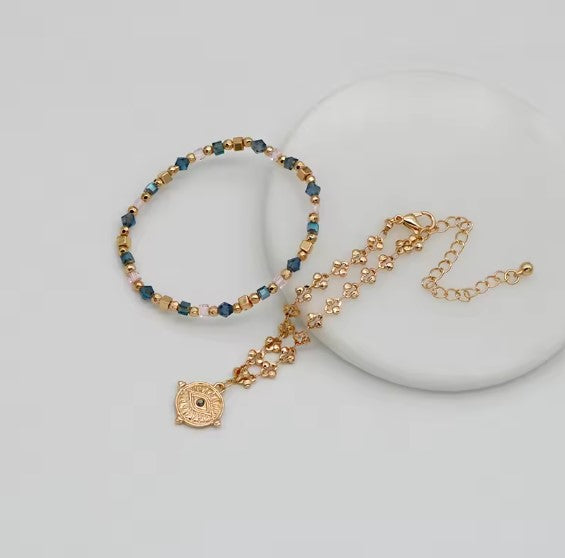 Handmade Chain Blue Bead Elastic Bracelets Set