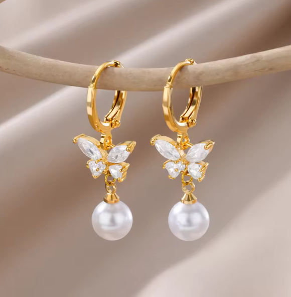 Elegant Butterfly with Pearl Drop Earrings