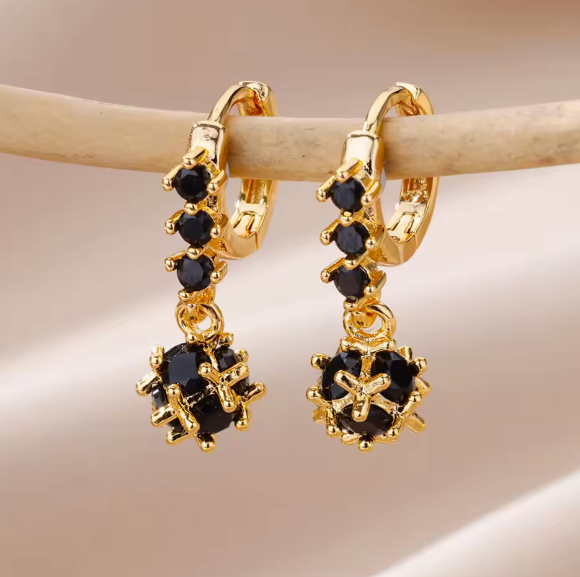 Spherical Black Zircon Dangle Earrings