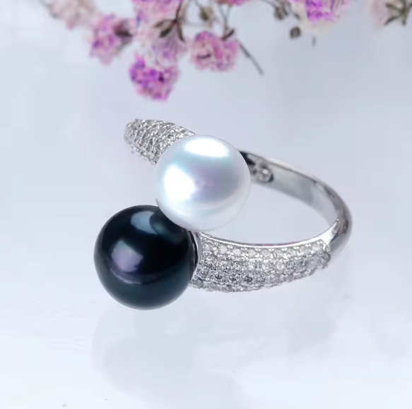 Double Natural Pearl Zircon Adjustable Silver Ring