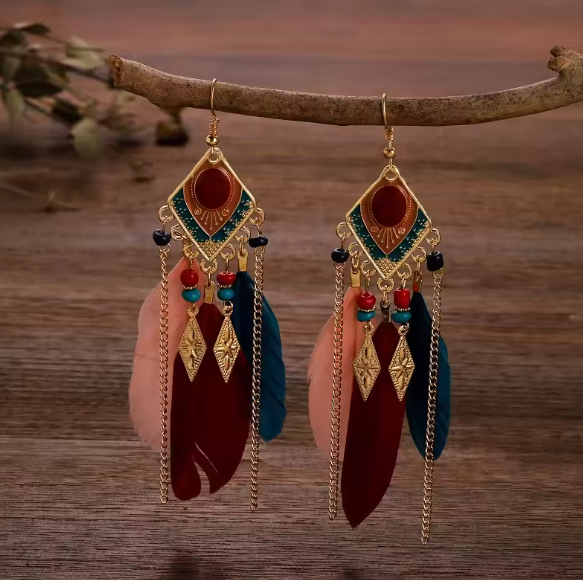Bohemian Long Chain Colorful Feather Tassel Earrings