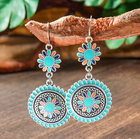Vintage Boho Blue Round Flower Earrings