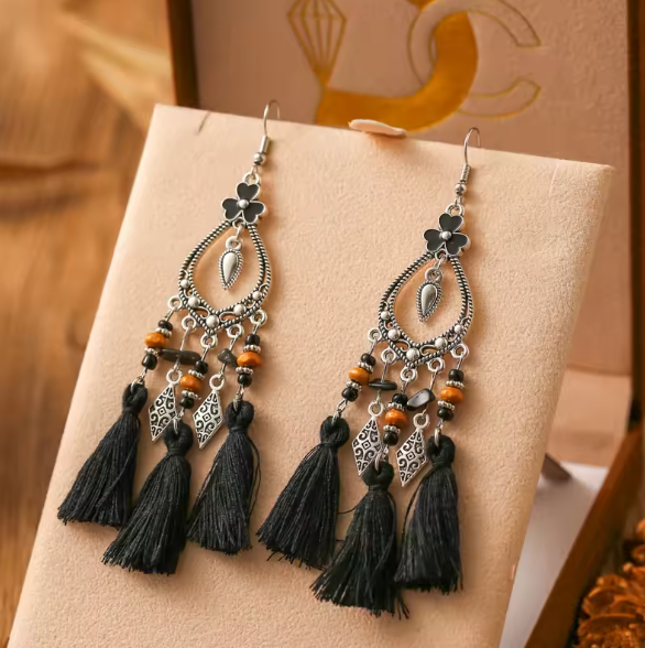 Boho Flower Stone Beads Black Tassel Earrings