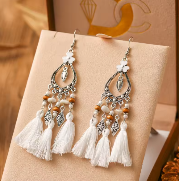 Bohemian Flower Stone Beads White Tassel Earrings