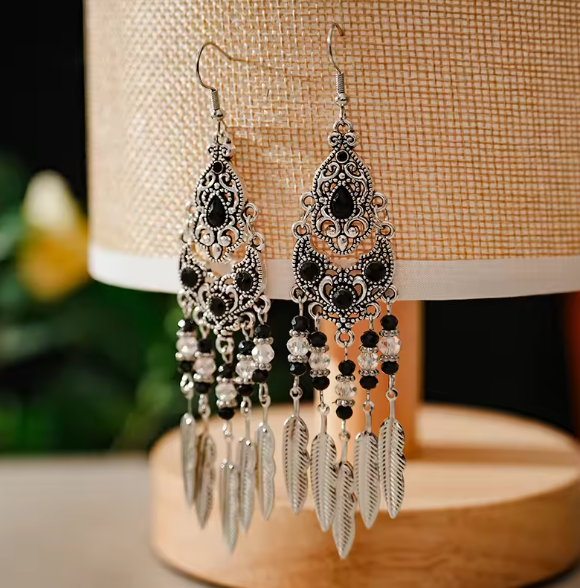 Vintage Crystal Black Rhinestone Leaf Tassel Earrings